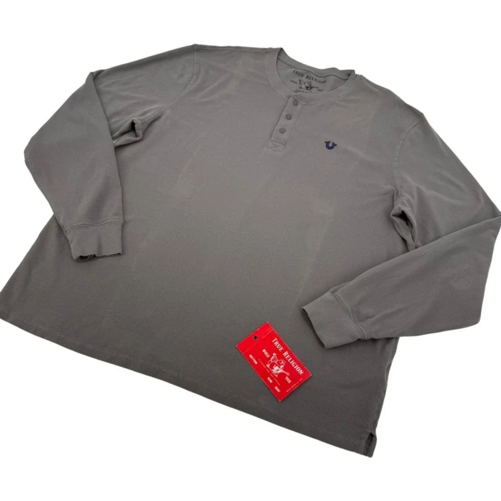 TRUE RELIGION *FLAW* NEW 3XL Henley Shirt Charcoal Gray Long Sleeve Logo Y2K